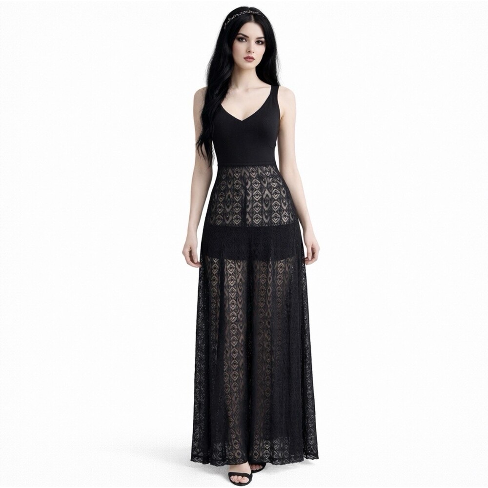 D. Exterior Italy Black Lace Maxi Dress M Sleeveless Stretch Designer Whimsygoth